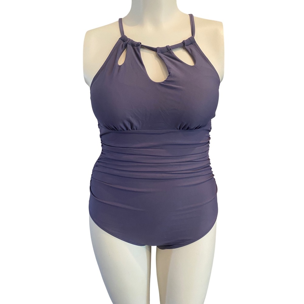 Cupshe Purple Ruched Keyhole Halter One Piece Swimsuit Large NWT